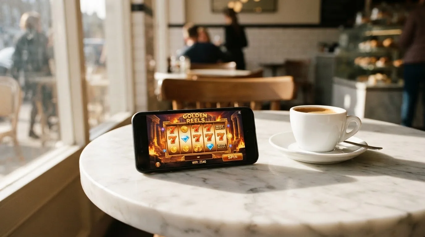 Pessoa a explorar jogos no telemóvel num café, com uma bica na mesa e luz de manhã a entrar pela montra.
