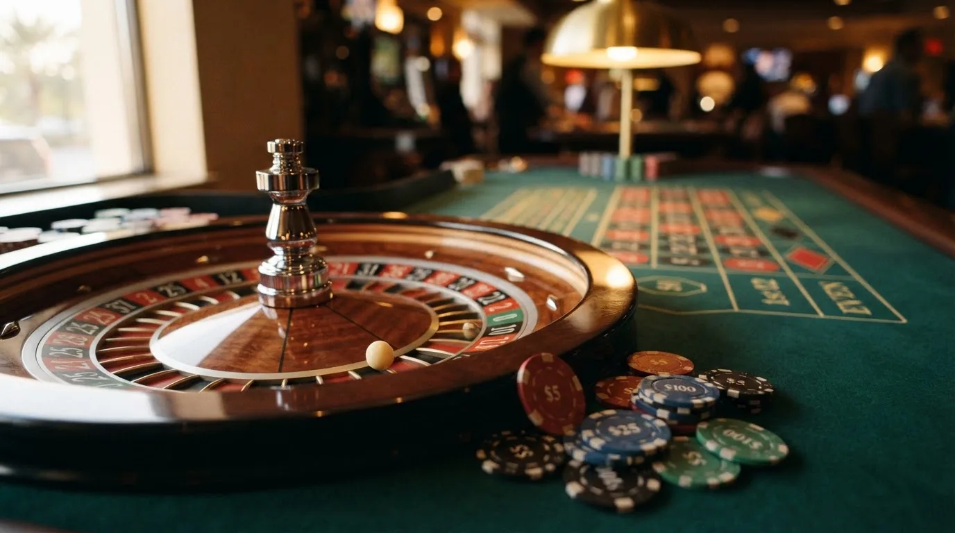 Roda de roleta e fichas sobre feltro verde, sob uma luz quente de fim de tarde — ofertas de casino em portugal
