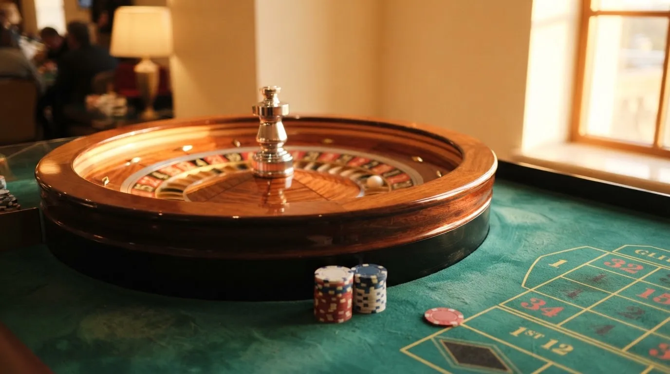 Roda de roleta e fichas sobre feltro verde, sob uma luz quente de fim de tarde — online casino bónus para os portugueses