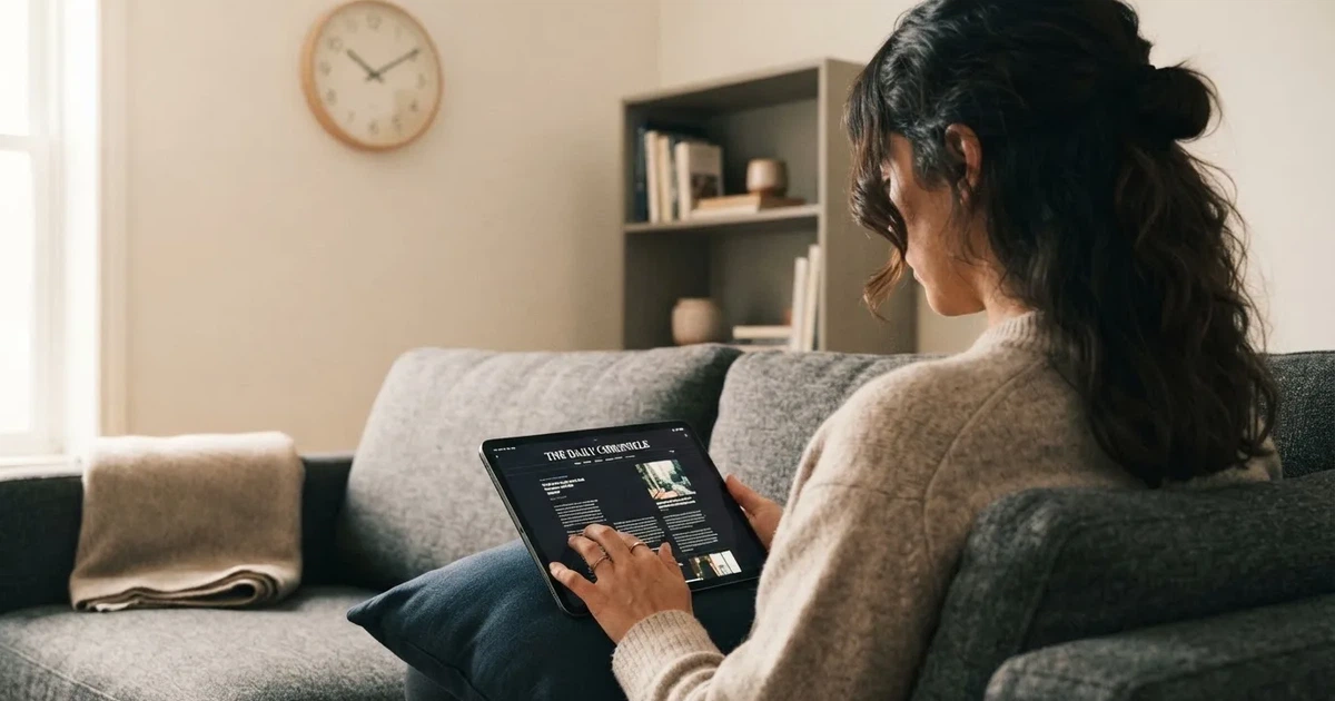 Pessoa num sofá a olhar pensativa para um tablet, com um relógio na parede atrás — online casino bónus para os portugueses