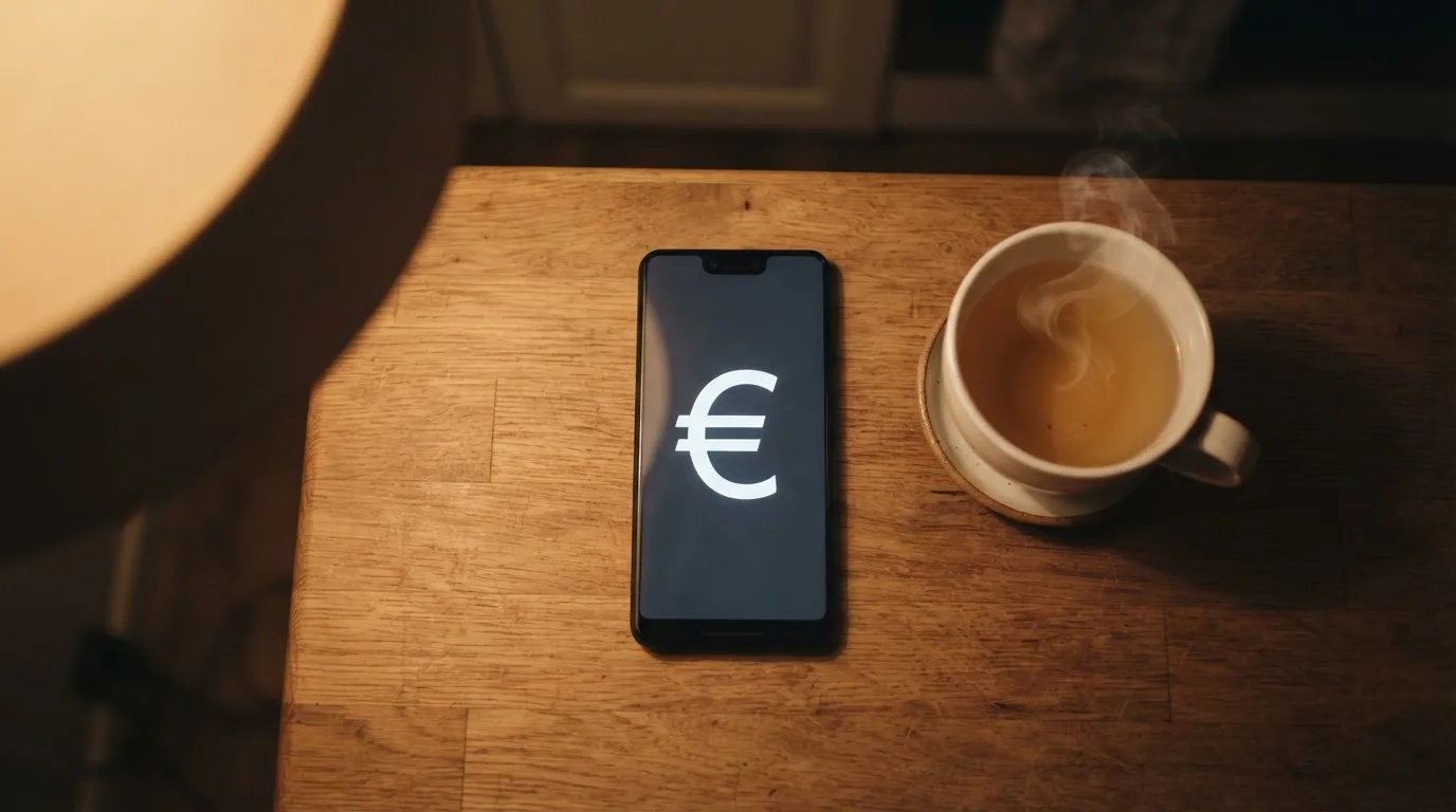 Mão a segurar um telemóvel ao lado de uma chávena de chá numa mesa de cozinha, numa noite tranquila — online casinos em portugal
