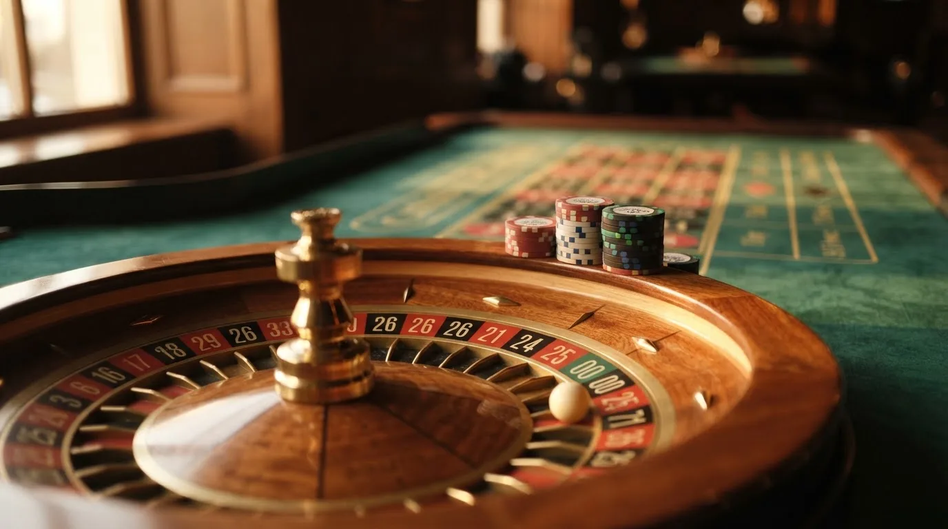 Roda de roleta e fichas sobre feltro verde, sob uma luz quente de fim de tarde — páginas de casino em portugal