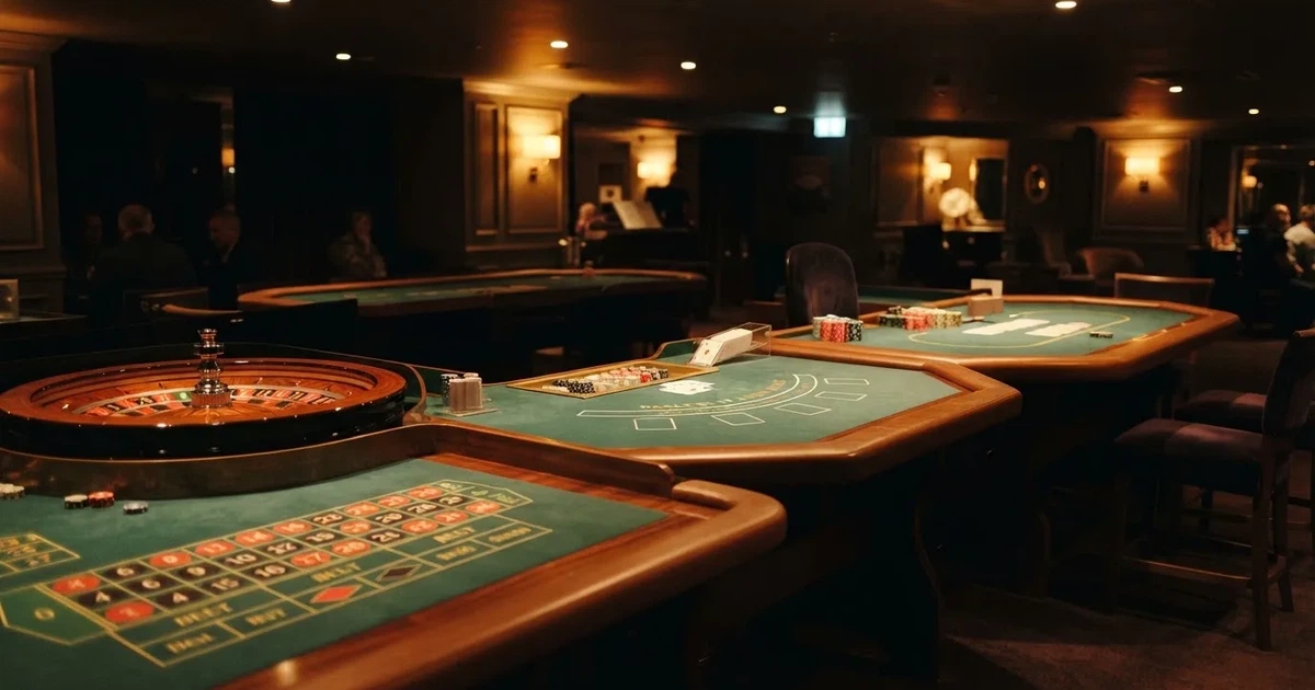 Três mesas de jogo diferentes lado a lado numa sala calma e calorosamente iluminada — páginas de casino em portugal