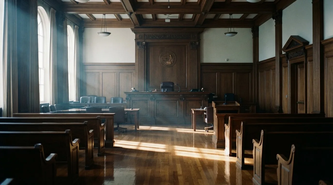 Sala de tribunal vazia com painéis de madeira, à luz da manhã — probabilidades de roleta pt