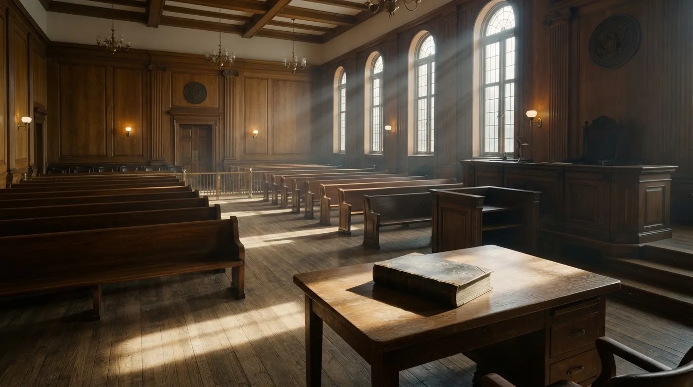 Sala de tribunal vazia com painéis de madeira, à luz da manhã — promoções de casino em portugal
