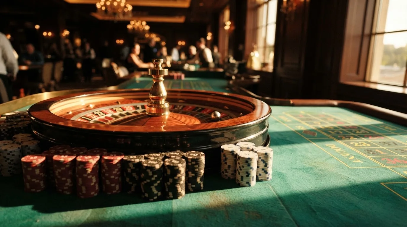 Roda de roleta e fichas sobre feltro verde, sob uma luz quente de fim de tarde — promoções de casino em portugal