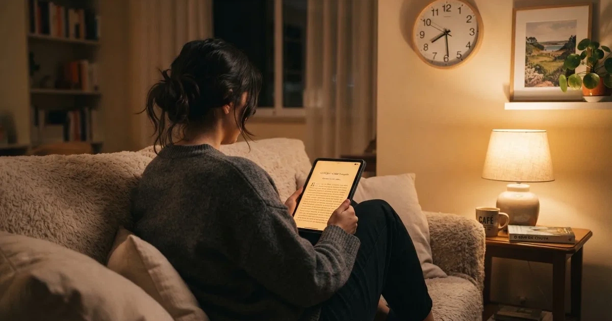 Pessoa num sofá a olhar pensativa para um tablet, com um relógio na parede atrás — promoções de casino em portugal