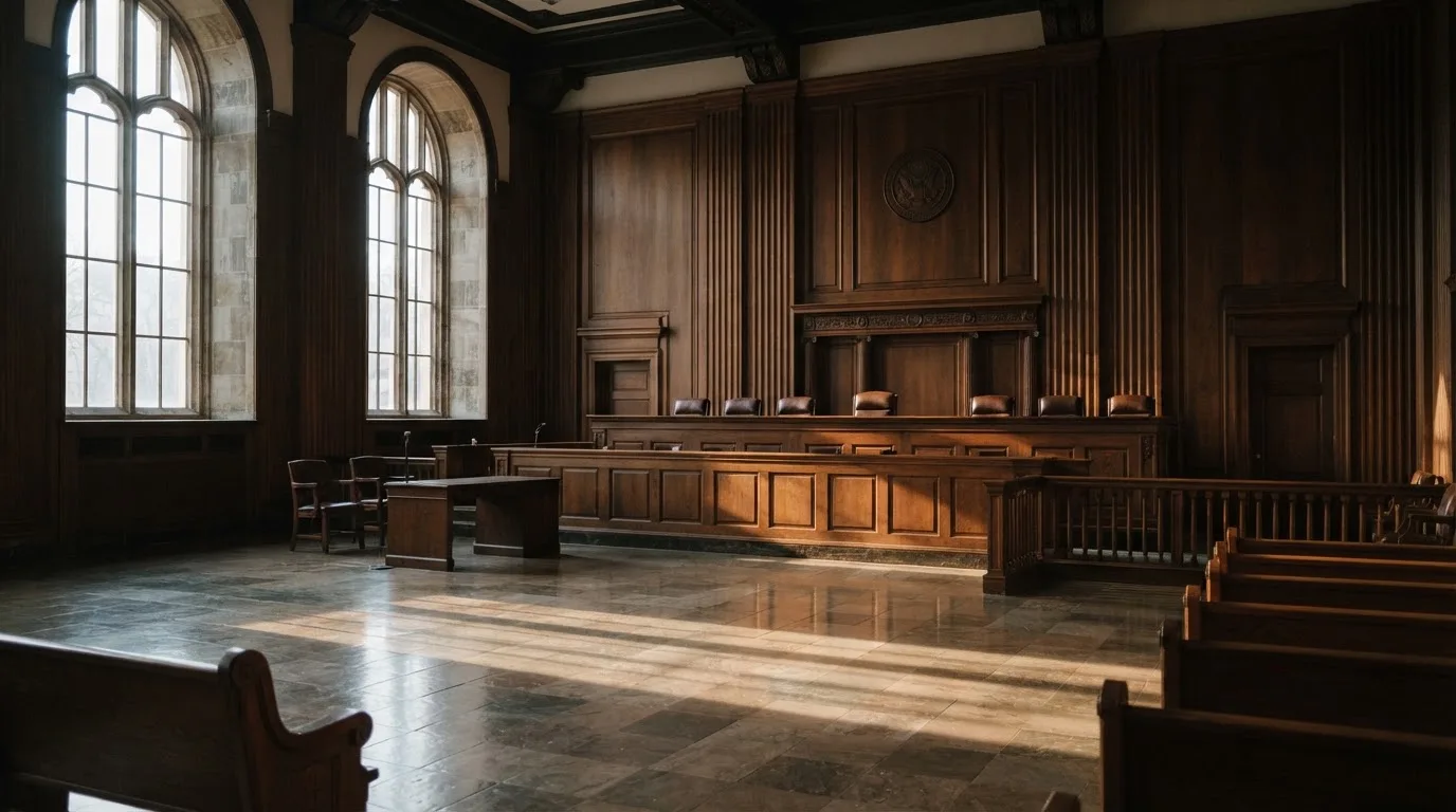 Sala de tribunal vazia com painéis de madeira, à luz da manhã — regras da roleta pt