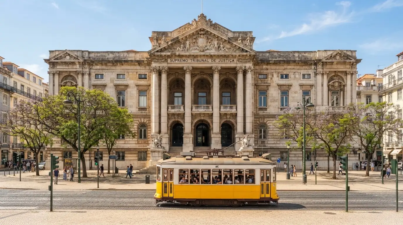 Edifício institucional de pedra com colunas junto a uma avenida lisboeta, céu limpo, elétrico amarelo ao longe, fotografia de rua.