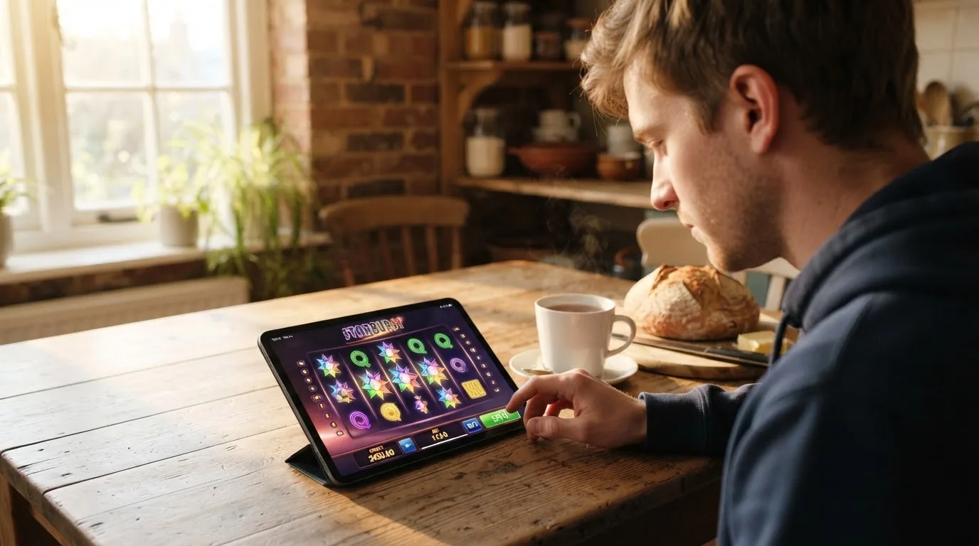 Jovem sentado à mesa da cozinha a explorar um tablet com ar curioso, chávena de chá e pão sobre a mesa, luz da manhã.