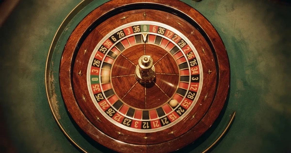 Roda de roleta em movimento fotografada de cima, com a bola a girar na pista e reflexos dourados nas bordas.