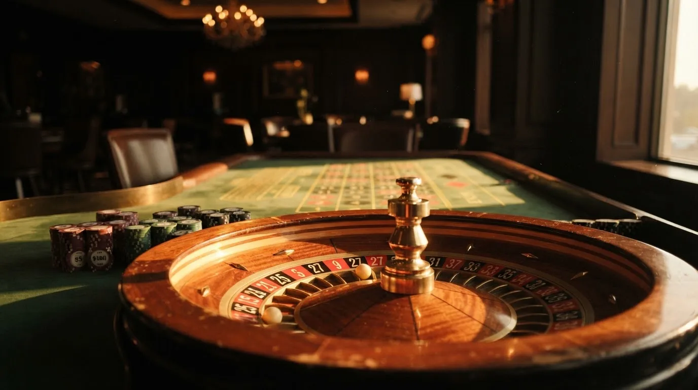 Roda de roleta e fichas sobre feltro verde, sob uma luz quente de fim de tarde — roleta casino em portugal