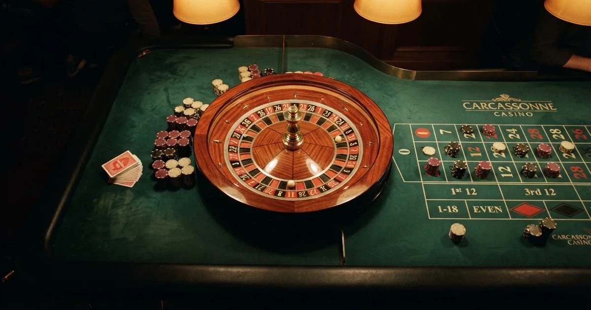 Mesa de jogo iluminada com cartas, vista de cima — roleta casino em portugal