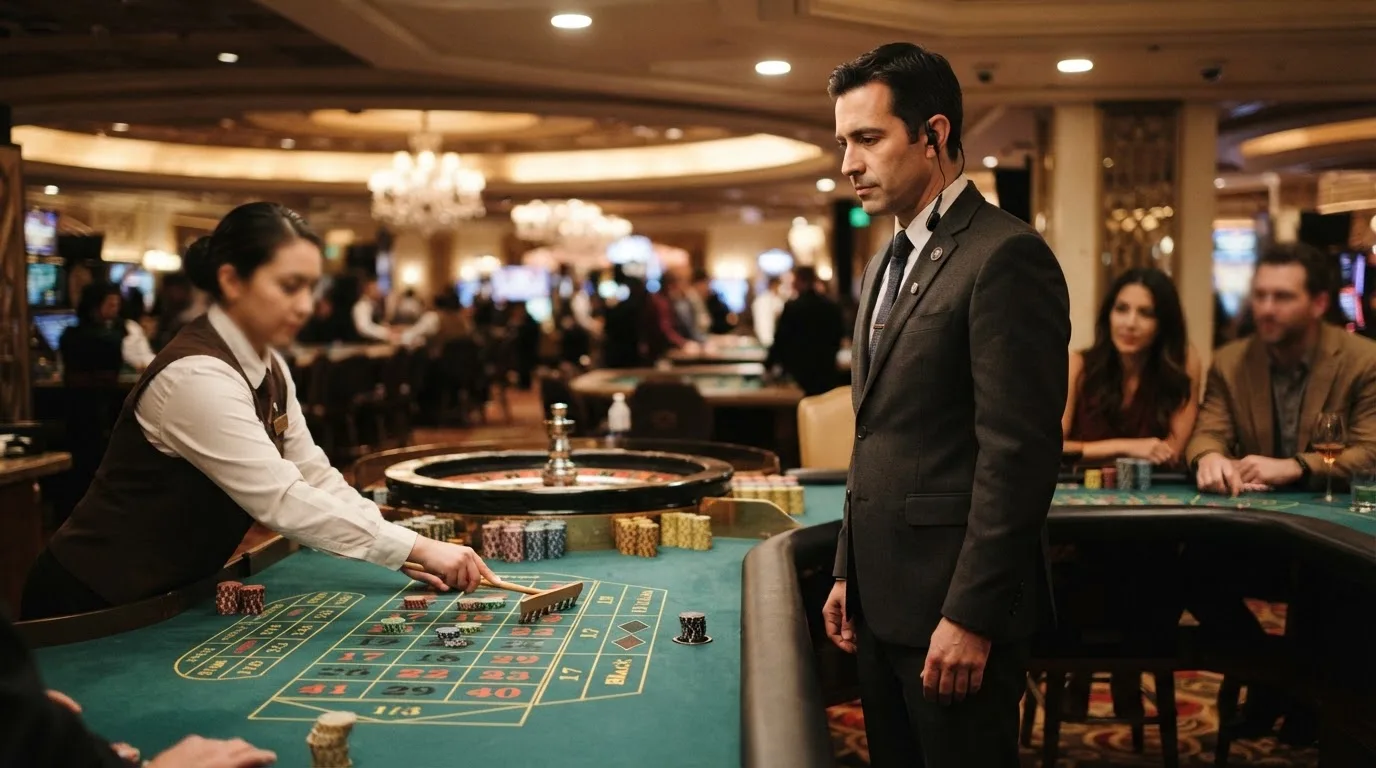 Fiscal de sala de casino de fato escuro a observar atentamente uma mesa de roleta, com jogadores desfocados ao fundo.