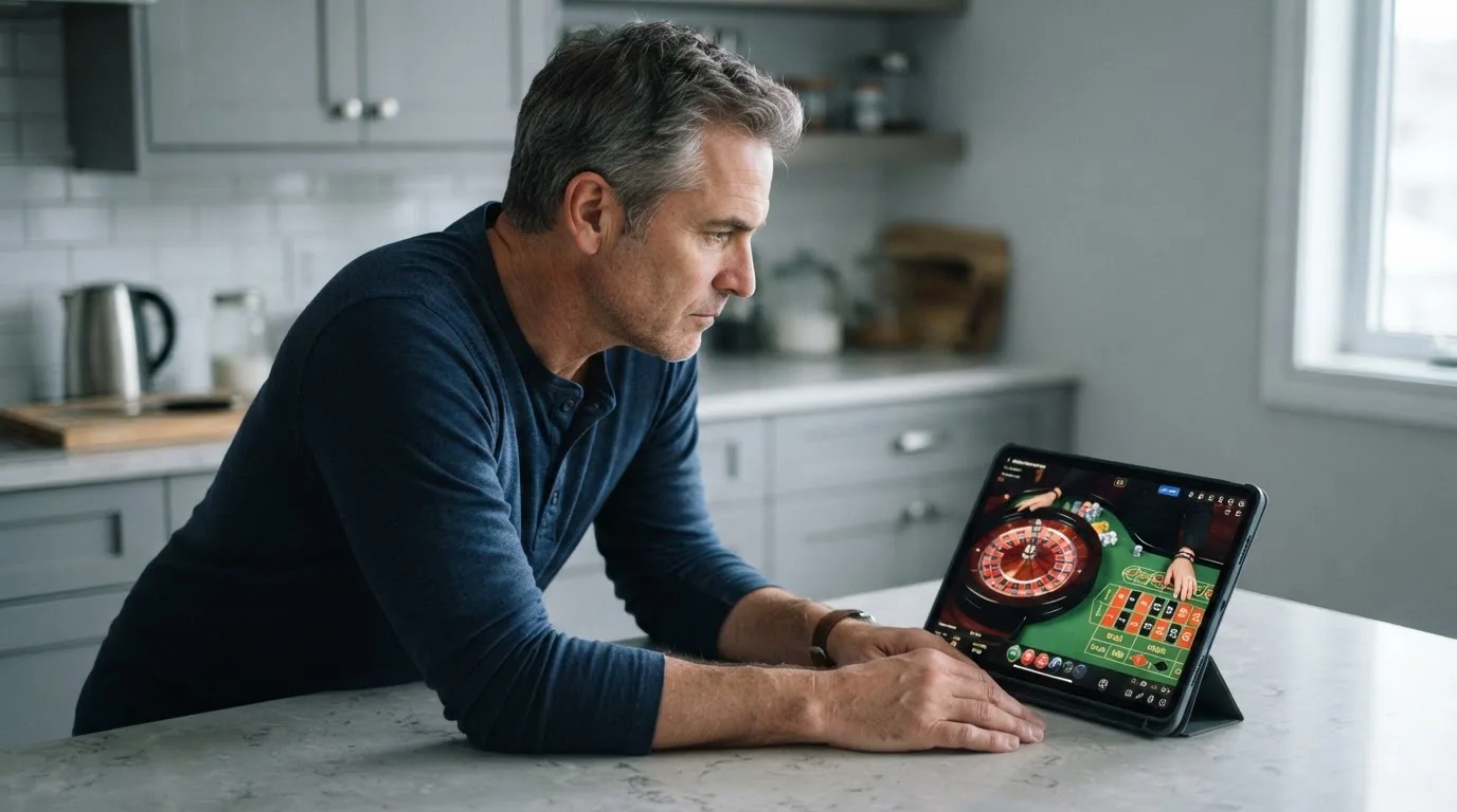 Jogador de meia-idade a ver uma transmissão de roleta num tablet, apoiado na bancada de uma cozinha moderna, com expressão atenta.