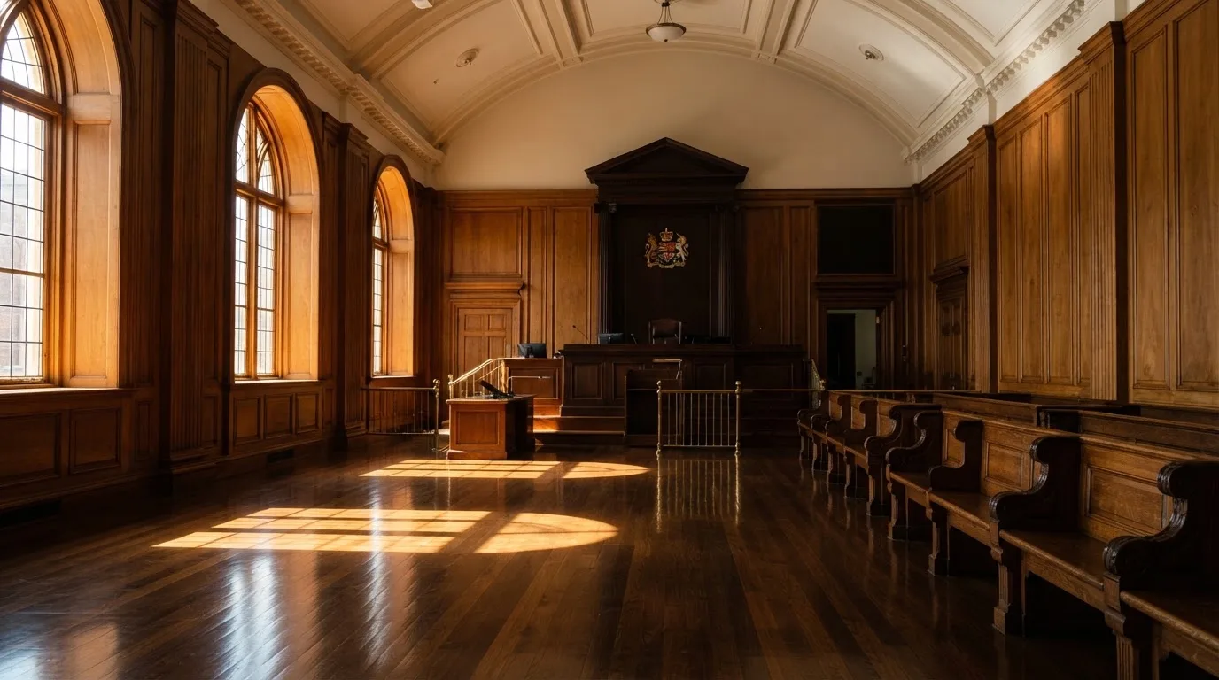 Sala de tribunal vazia com painéis de madeira, à luz da manhã — roleta francesa em portugal