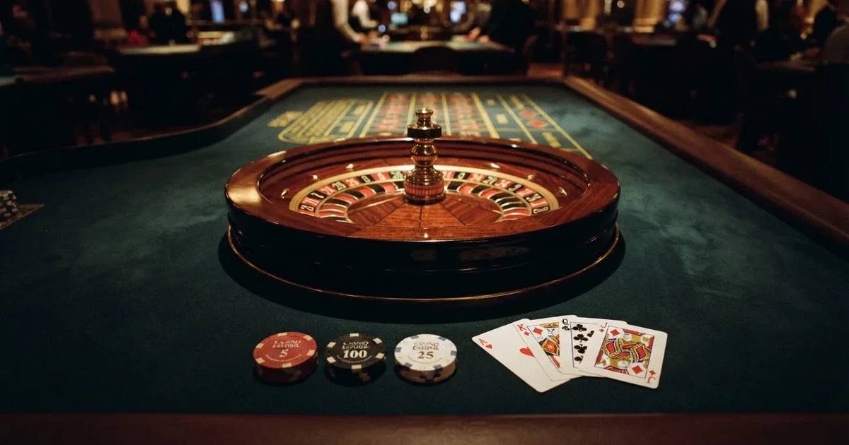 Mesa de jogo iluminada com cartas, vista de cima — roleta virtual em portugal