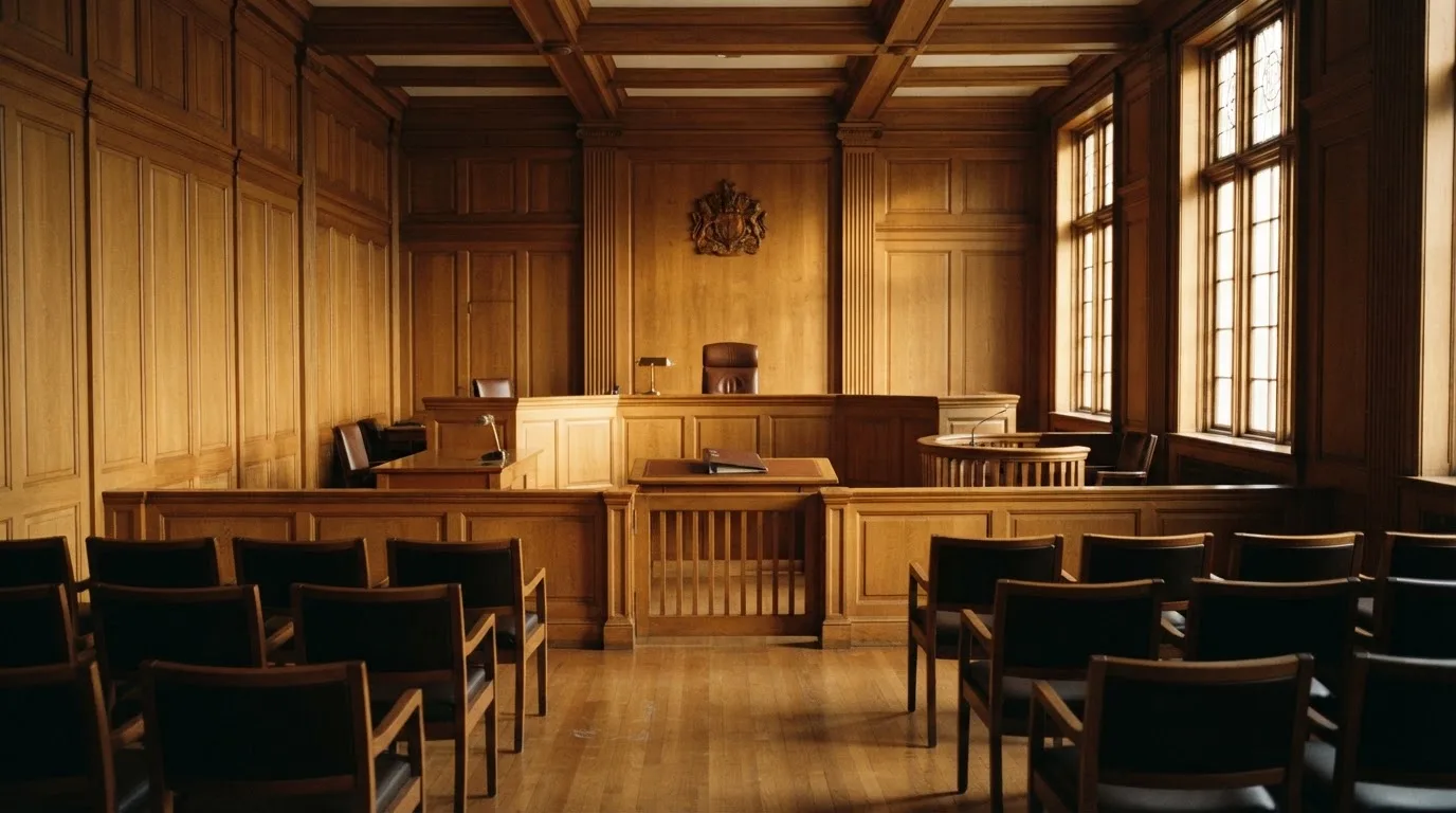 Sala de tribunal vazia com painéis de madeira, à luz da manhã — sites de casino para os portugueses