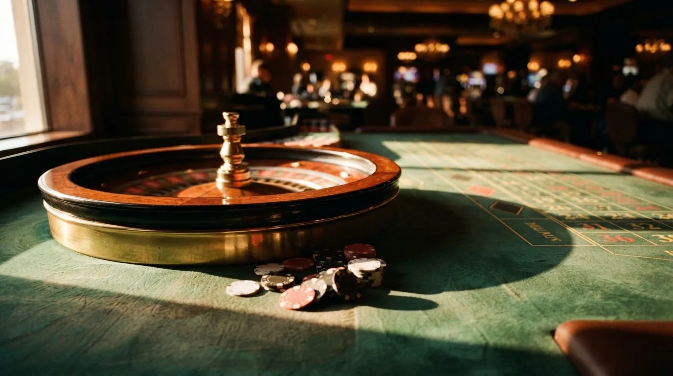 Roda de roleta e fichas sobre feltro verde, sob uma luz quente de fim de tarde — sites de casino para os portugueses