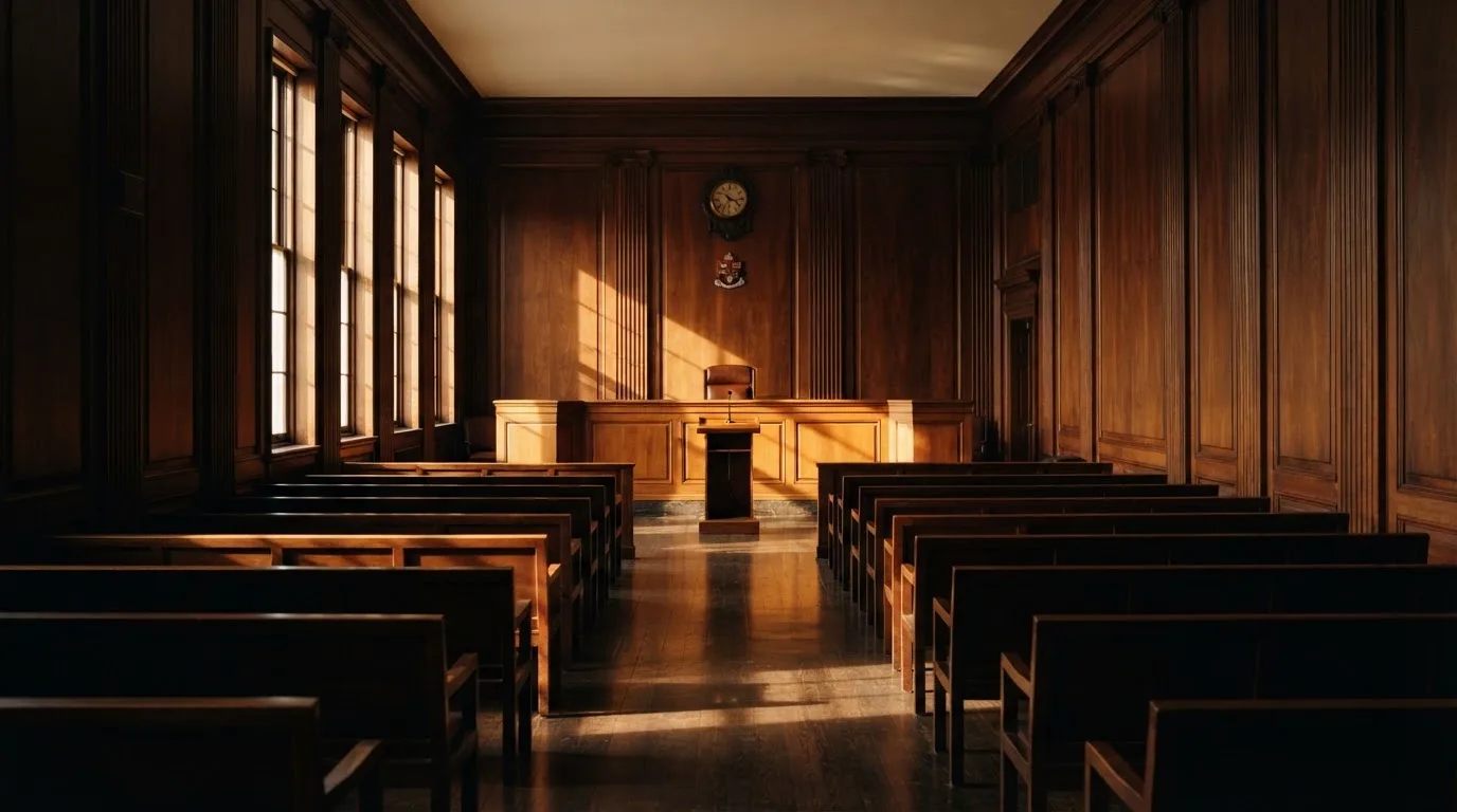 Sala de tribunal vazia com painéis de madeira, à luz da manhã — slot machines em portugal