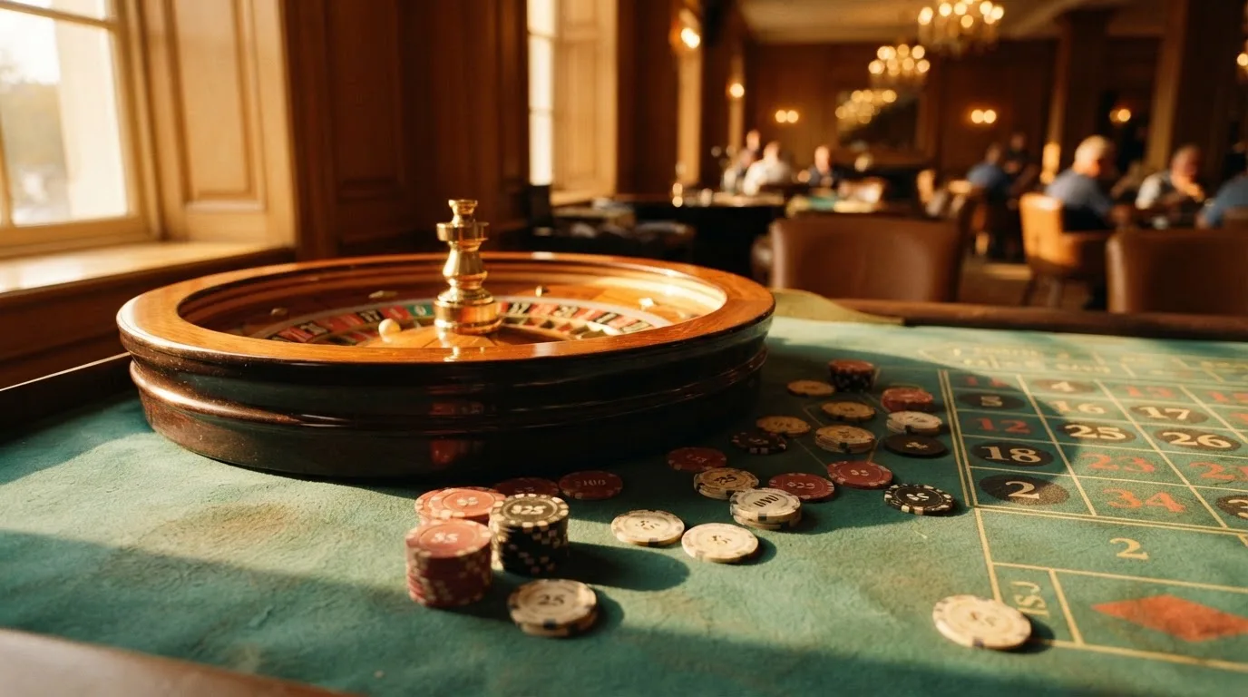 Roda de roleta e fichas sobre feltro verde, sob uma luz quente de fim de tarde — slot machines em portugal