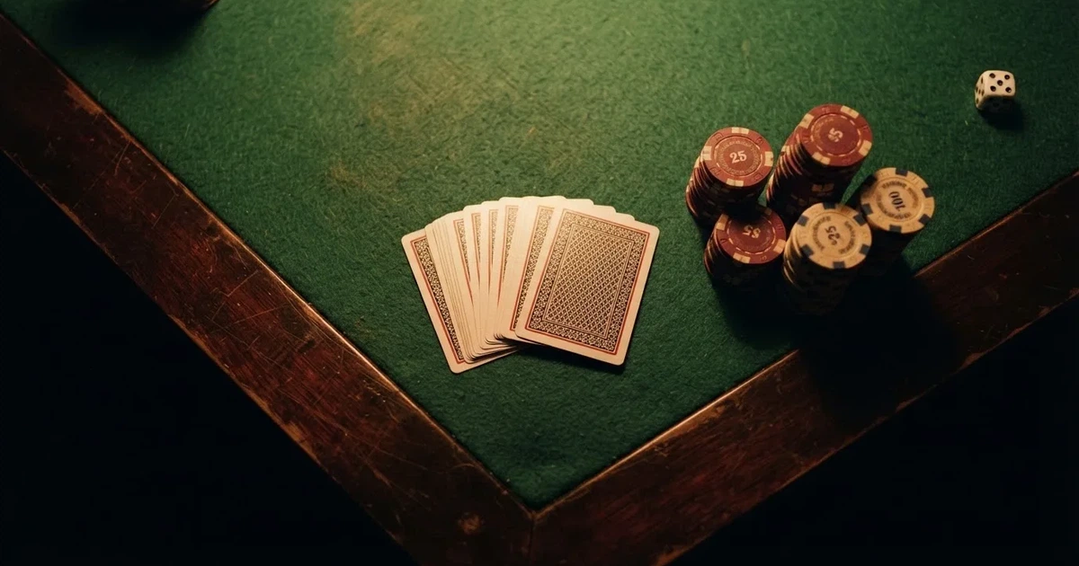 Mesa de jogo iluminada com cartas, vista de cima — slot machines em portugal