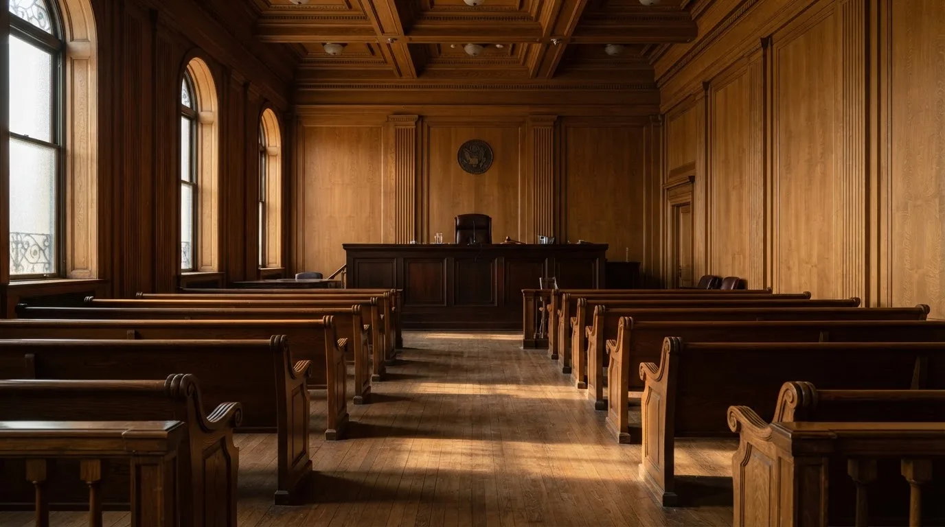 Sala de tribunal vazia com painéis de madeira, à luz da manhã — slots com bonus em portugal
