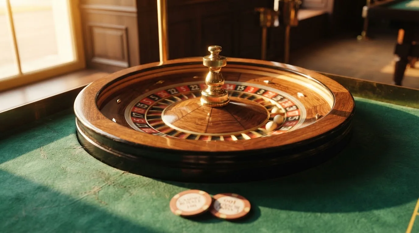 Roda de roleta e fichas sobre feltro verde, sob uma luz quente de fim de tarde — slots com bonus em portugal
