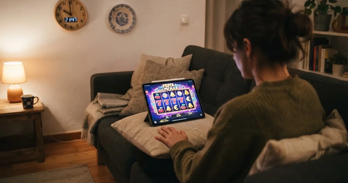 Pessoa num sofá a olhar pensativa para um tablet, com um relógio na parede atrás — slots com bonus em portugal