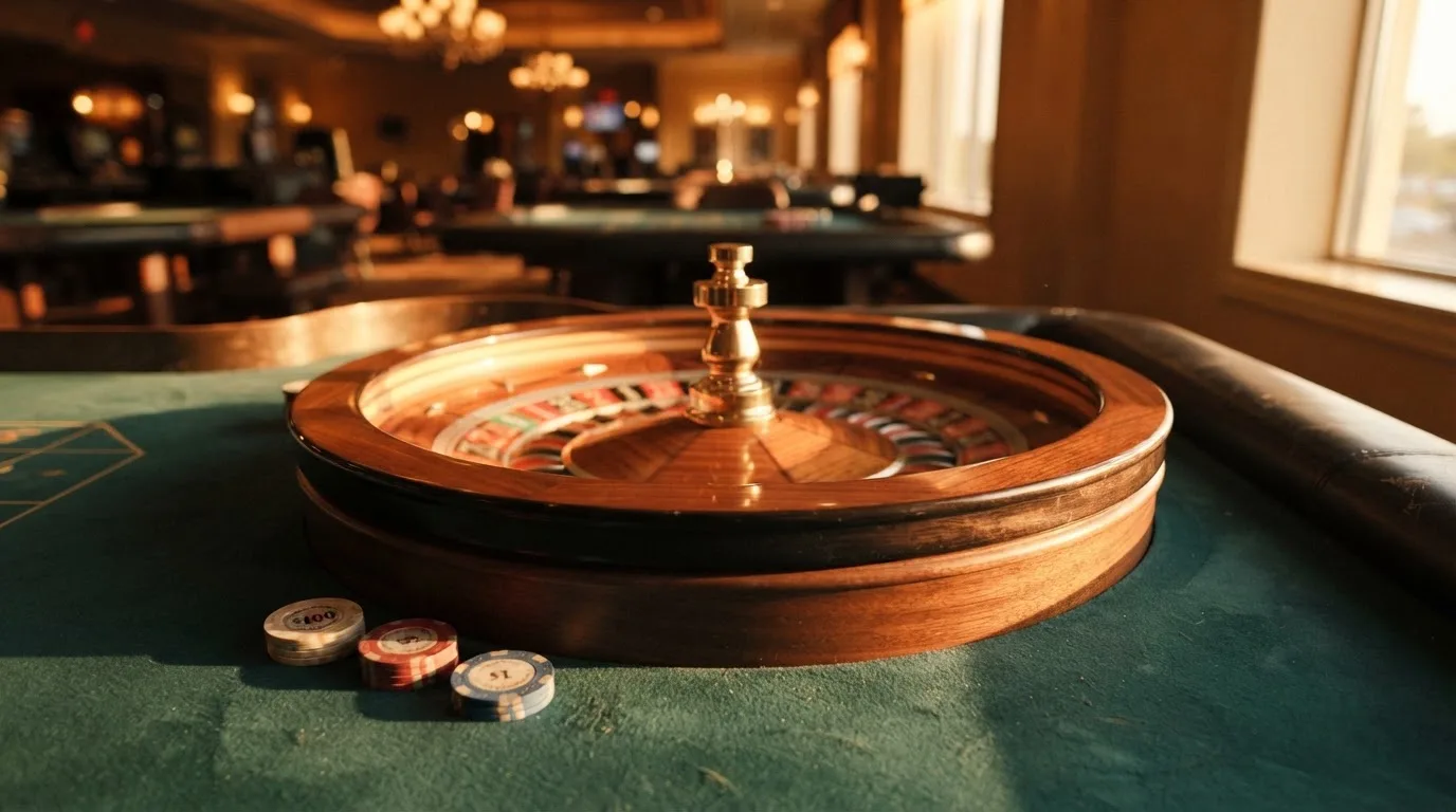 Roda de roleta e fichas sobre feltro verde, sob uma luz quente de fim de tarde — slots demo em portugal