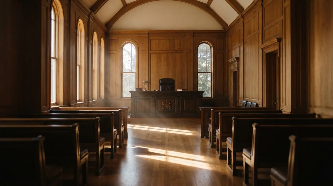 Sala de tribunal vazia com painéis de madeira, à luz da manhã — slots grátis em portugal
