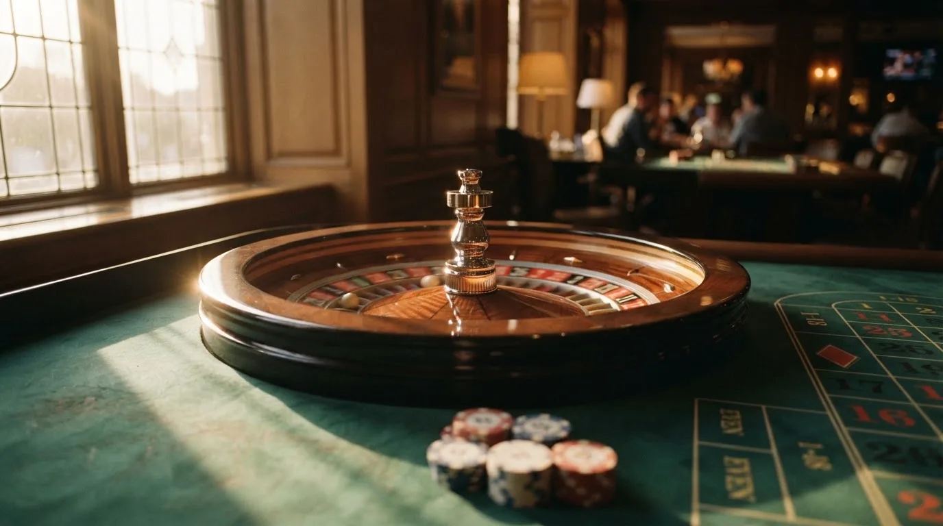 Roda de roleta e fichas sobre feltro verde, sob uma luz quente de fim de tarde — slots grátis em portugal