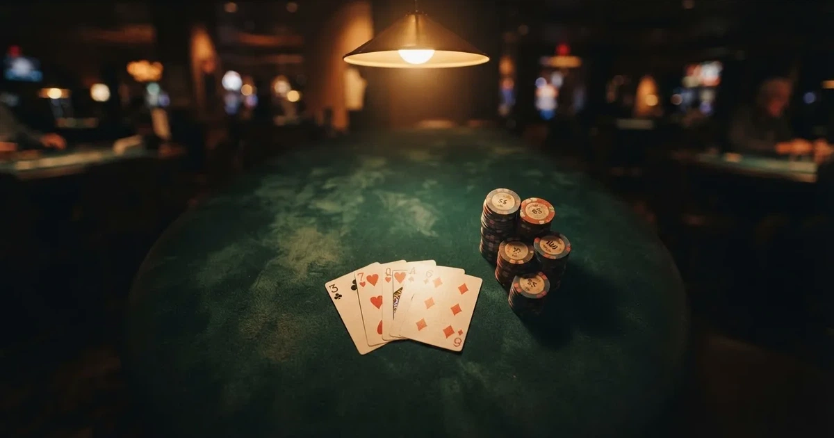 Mesa de jogo iluminada com cartas, vista de cima — slots grátis em portugal