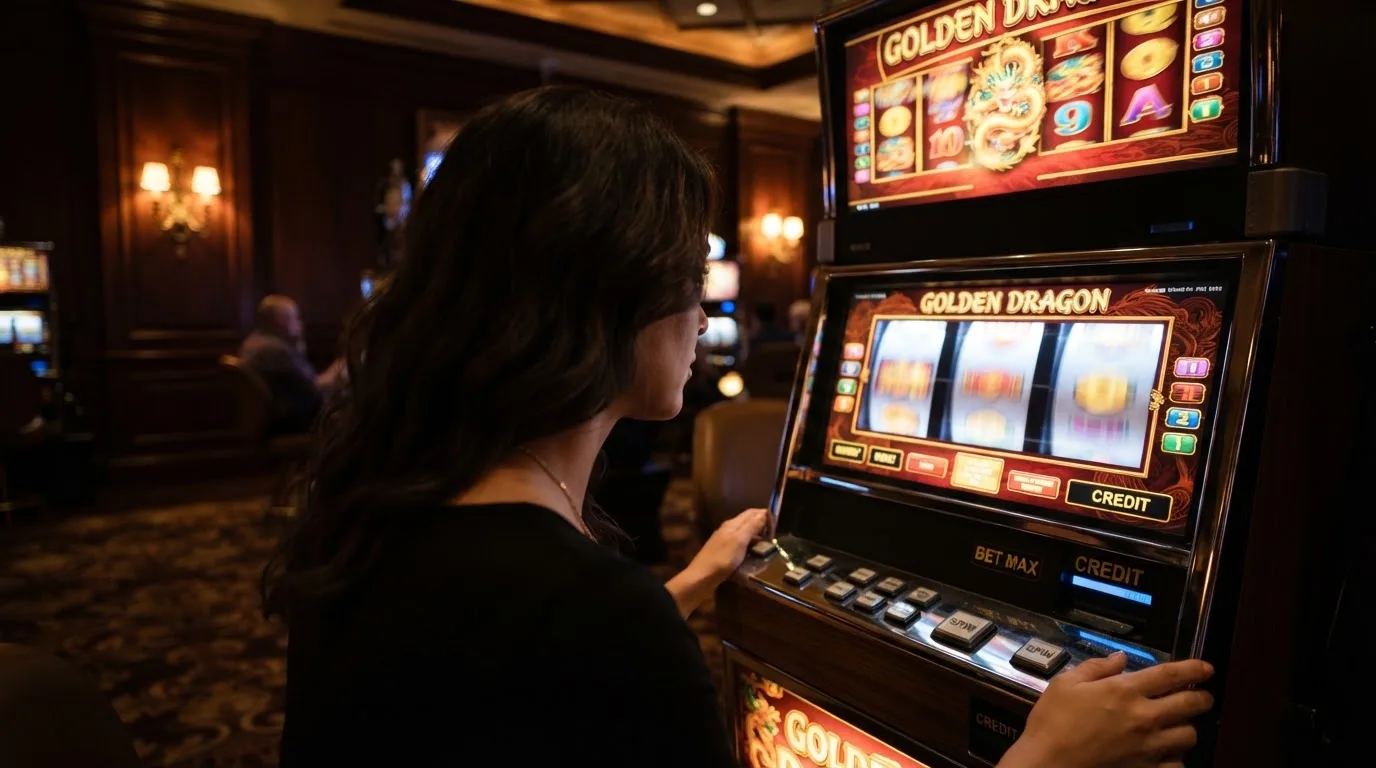 Mulher numa sala de jogos elegante a observar com curiosidade um rolo girar numa máquina, luz ambiente suave.