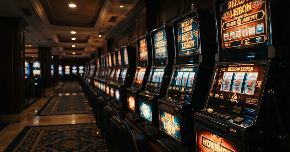 Fila de máquinas de slots num casino em Portugal vistas de lado, com rolos iluminados e carpete escura, sem pessoas, fotografia de interior.