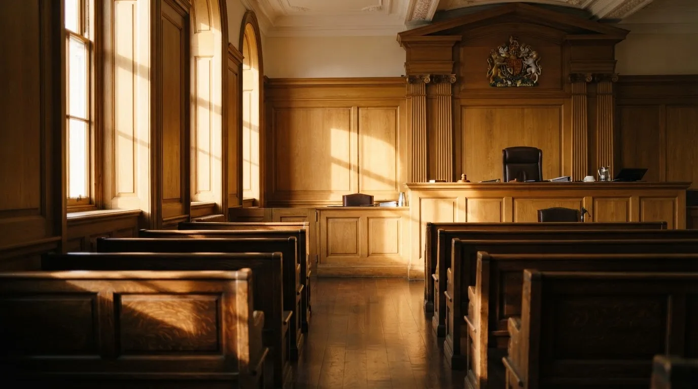 Sala de tribunal vazia com painéis de madeira, à luz da manhã — slots por dinheiro em portugal