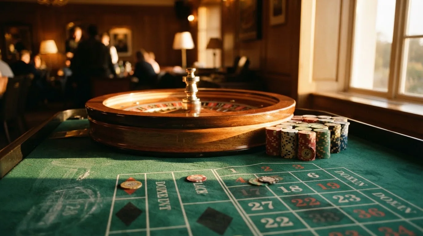 Roda de roleta e fichas sobre feltro verde, sob uma luz quente de fim de tarde — slots por dinheiro em portugal
