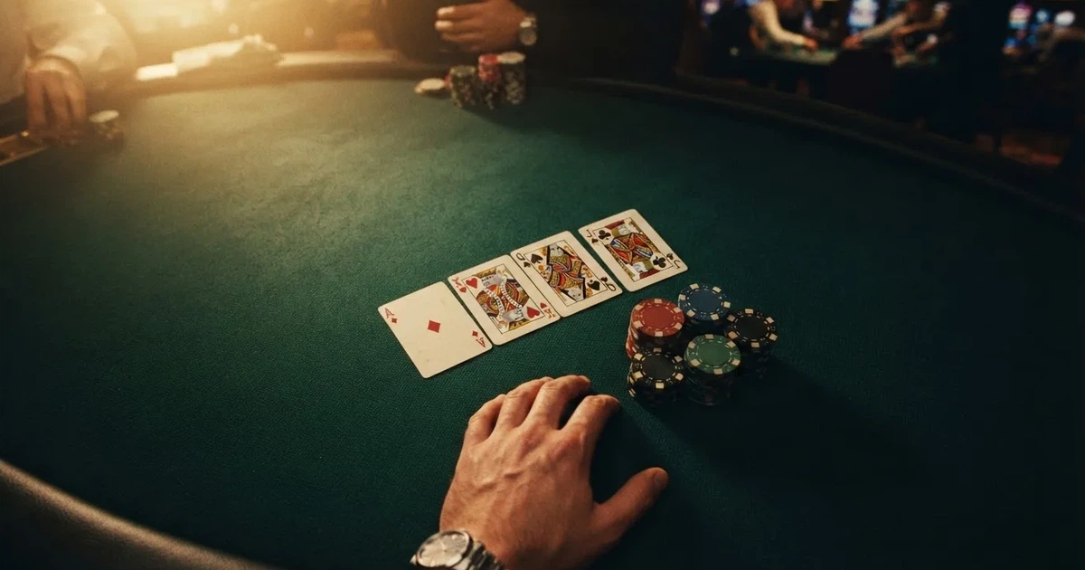 Mesa de jogo iluminada com cartas, vista de cima — slots por dinheiro em portugal