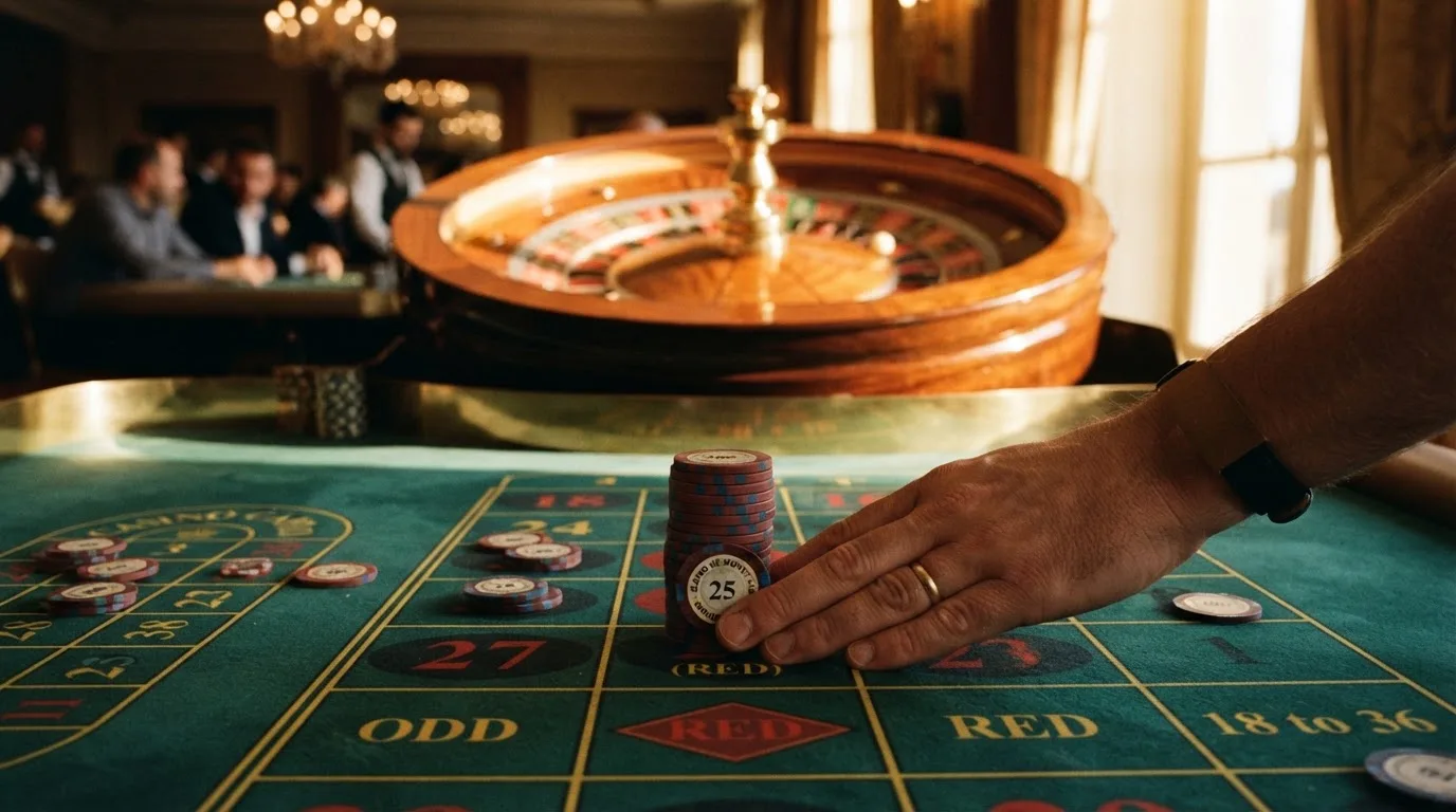 Roda de roleta e fichas sobre feltro verde, sob uma luz quente de fim de tarde — tabelas de blackjack em portugal