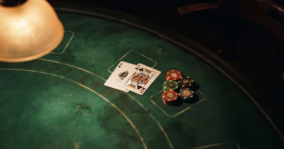 Mesa de jogo iluminada com cartas, vista de cima — tabelas de blackjack em portugal