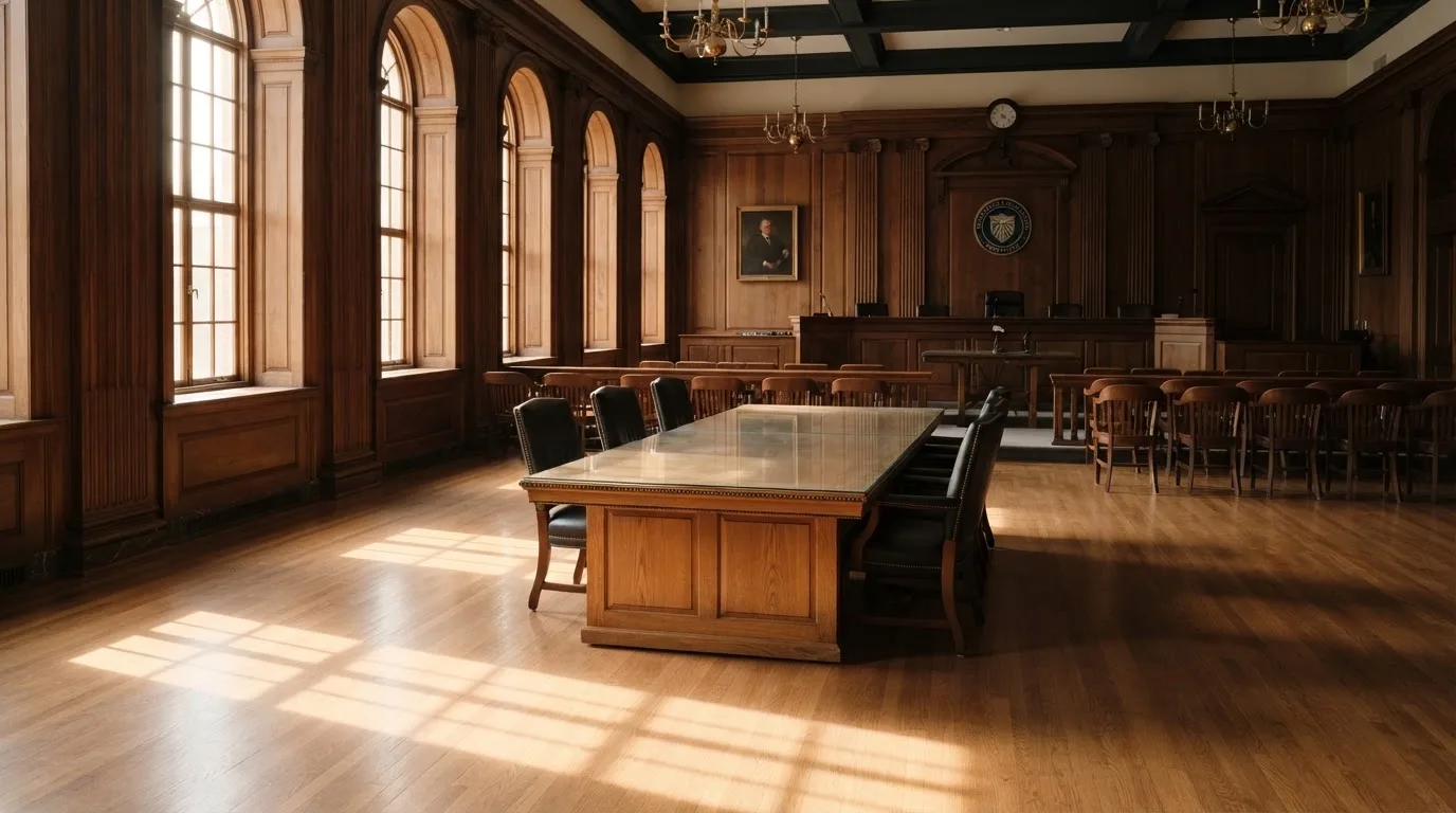Sala de tribunal vazia com painéis de madeira, à luz da manhã — top casinos em portugal