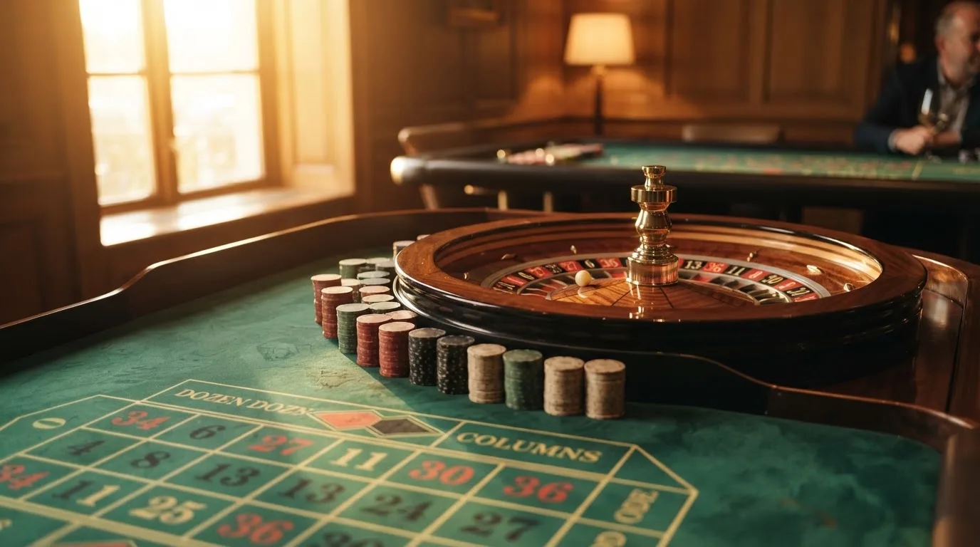 Roda de roleta e fichas sobre feltro verde, sob uma luz quente de fim de tarde — top casinos em portugal