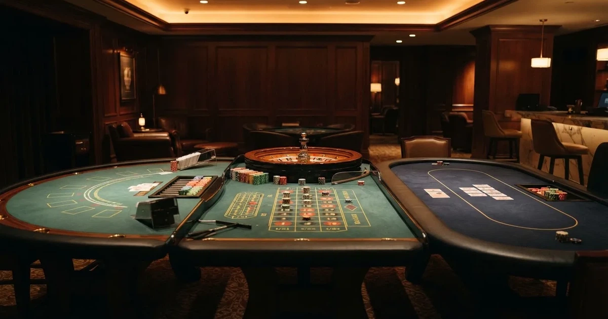 Três mesas de jogo diferentes lado a lado numa sala calma e calorosamente iluminada — top casinos em portugal