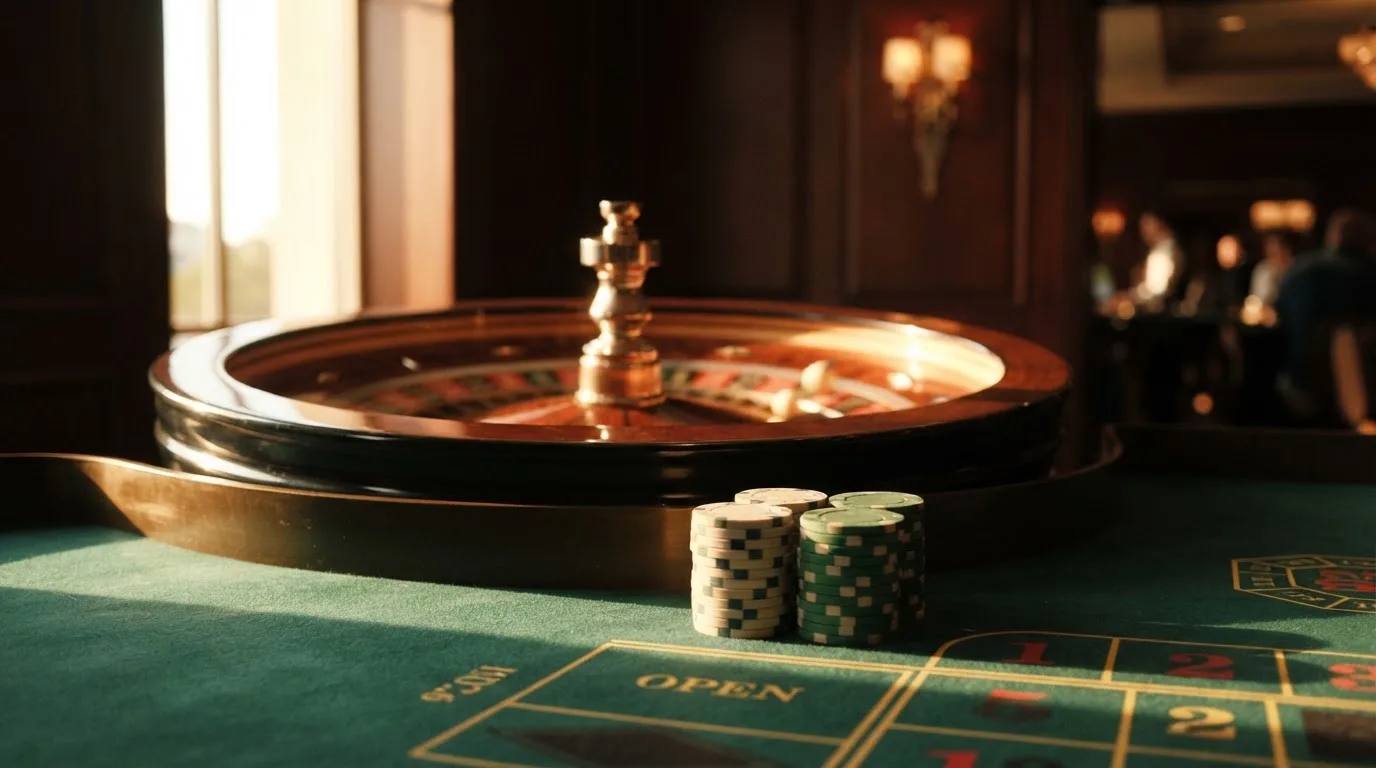 Roda de roleta e fichas sobre feltro verde, sob uma luz quente de fim de tarde — truques de casino em portugal